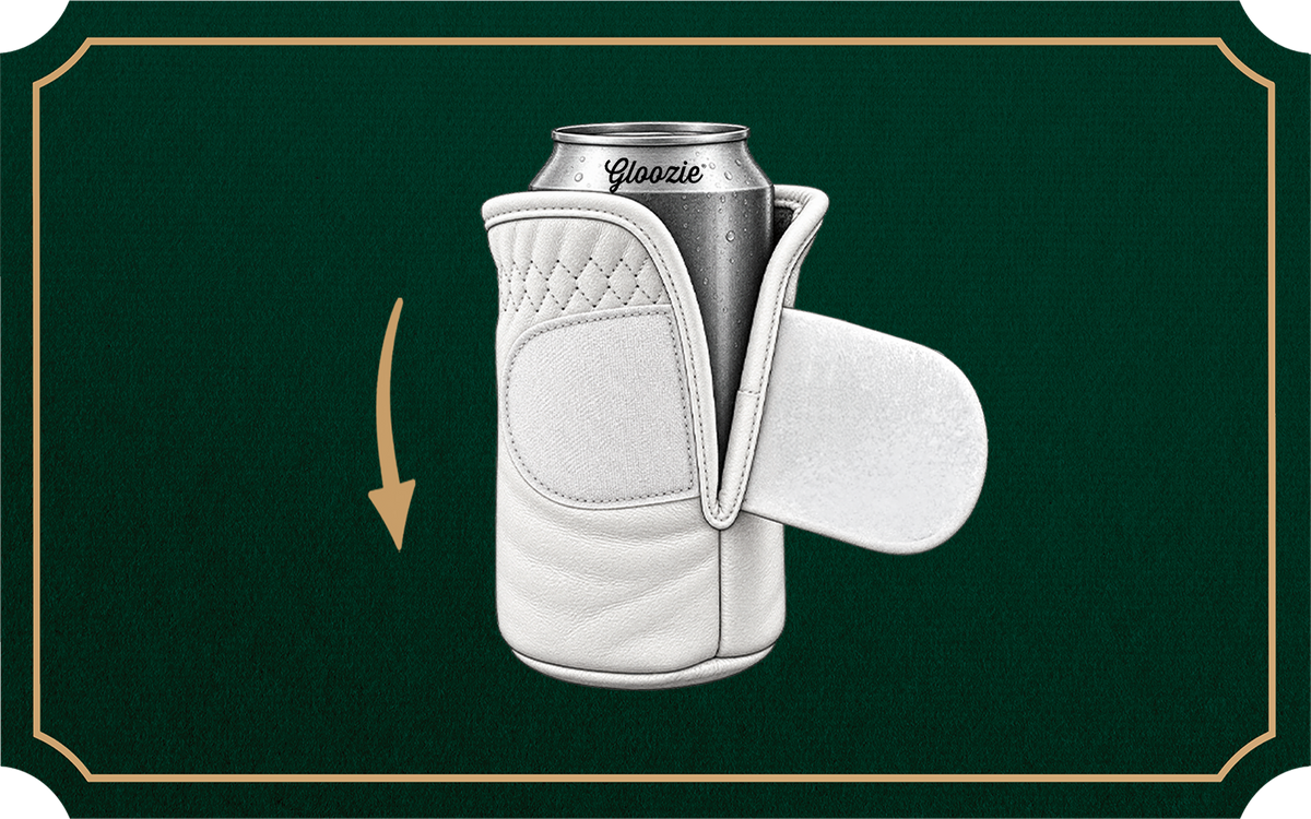 White Gloozie golf glove coozie showing its glove-inspired design, wraparound closure, drink holder, and integrated golf ball marker pocket on a dark green golf-themed background.