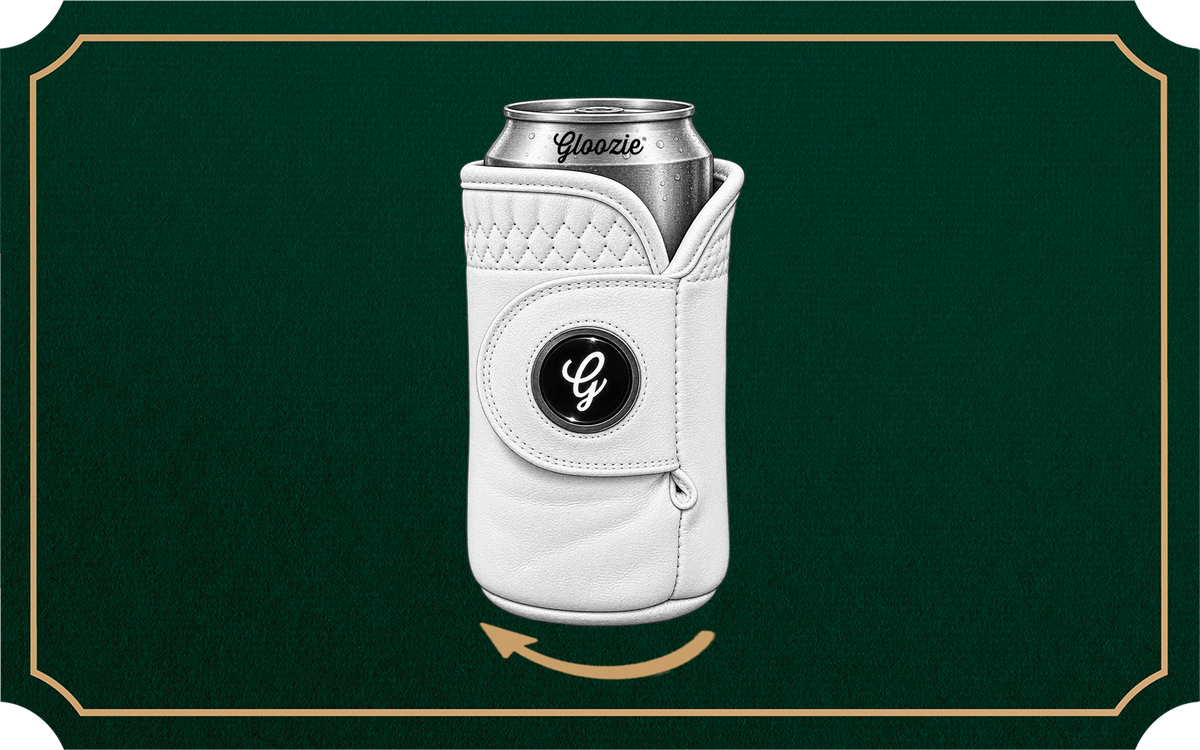 White Gloozie golf glove coozie holding a beverage can, showing the glove-inspired wraparound design and Gloozie logo, with an arrow illustrating the coozie’s rotating fit around the can.