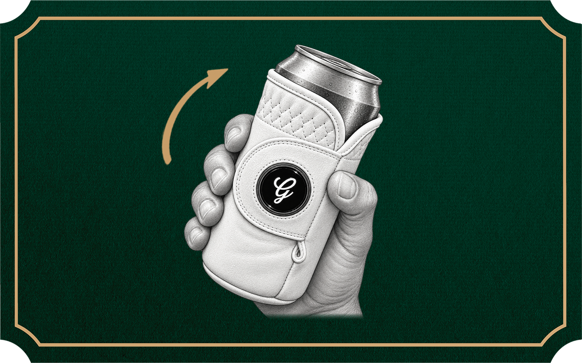 White Gloozie golf glove coozie holding a beverage can in hand, with an arrow illustrating how the glove-inspired coozie wraps around the can for a secure fit.