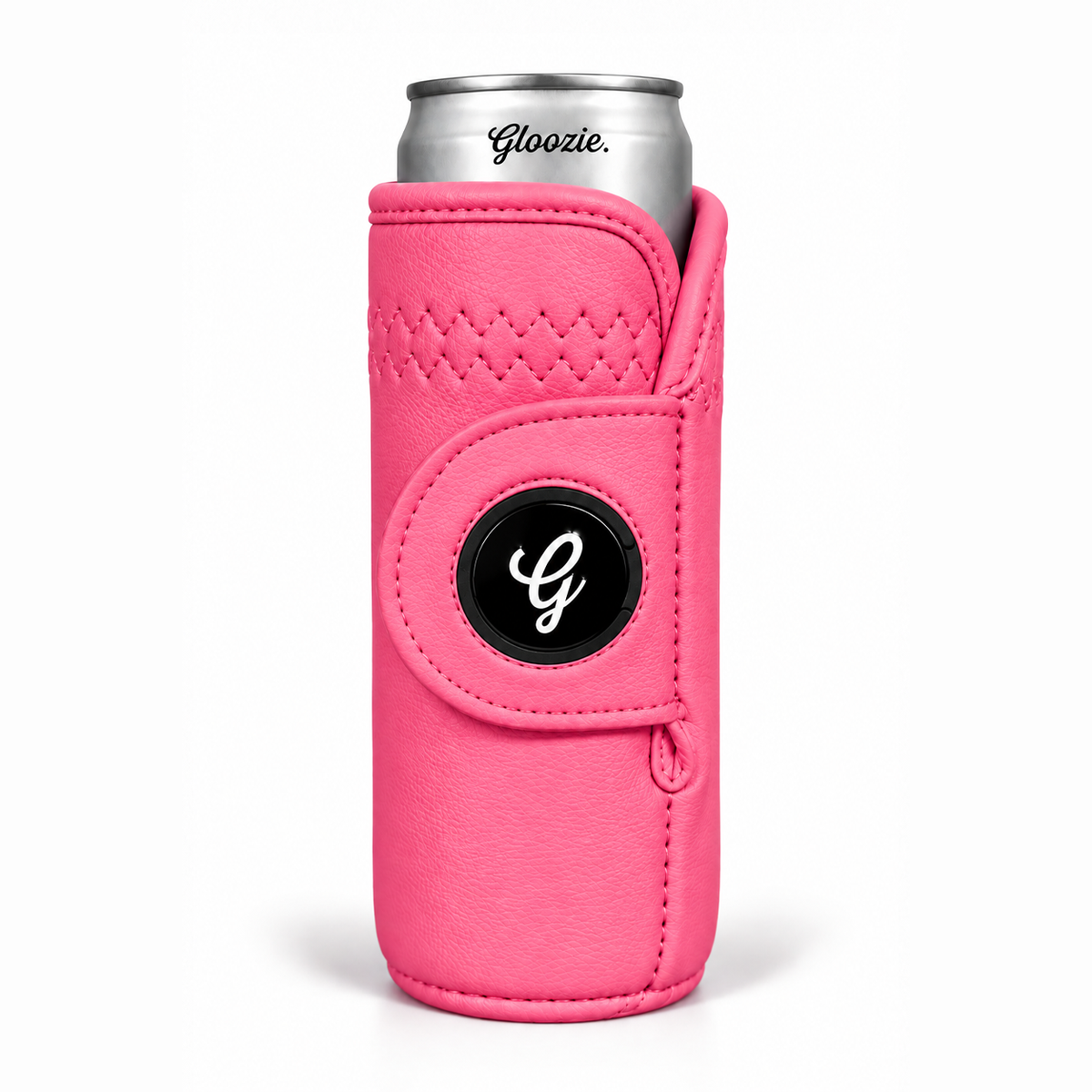 Gloozie Azalea pink slim golf can cooler with black G ball marker