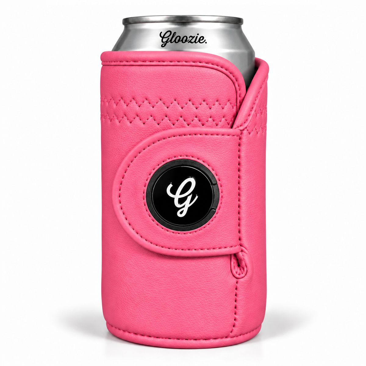 Gloozie Azalea pink golf can cooler with black G ball marker