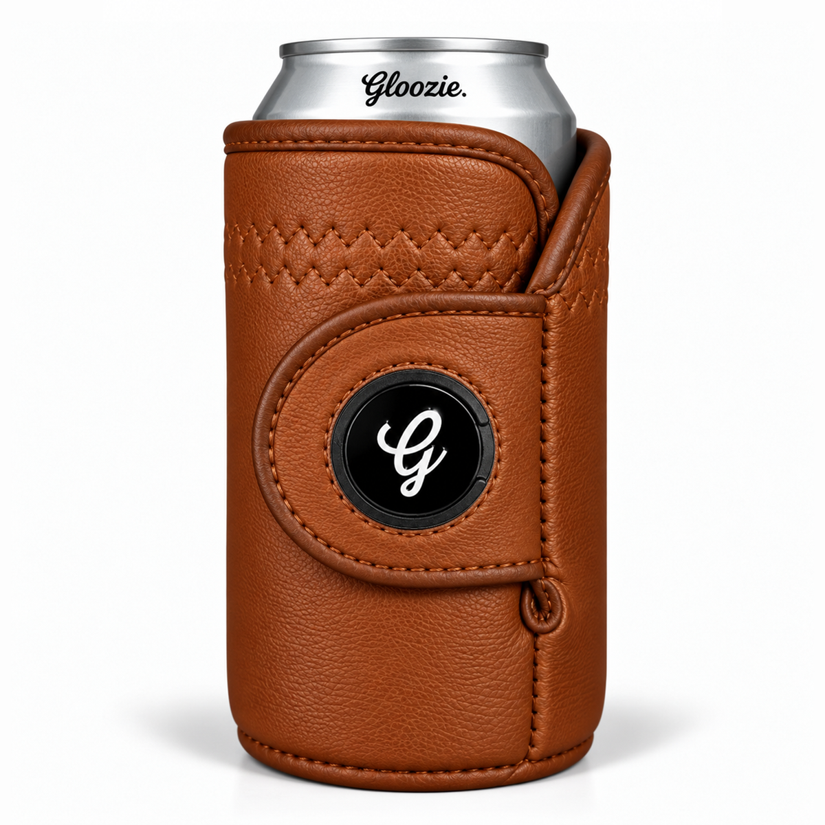 Gloozie British Tan brown golf can cooler with black G ball marker