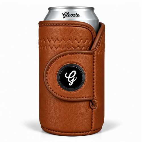 Gloozie British Tan brown golf can cooler with black G ball marker