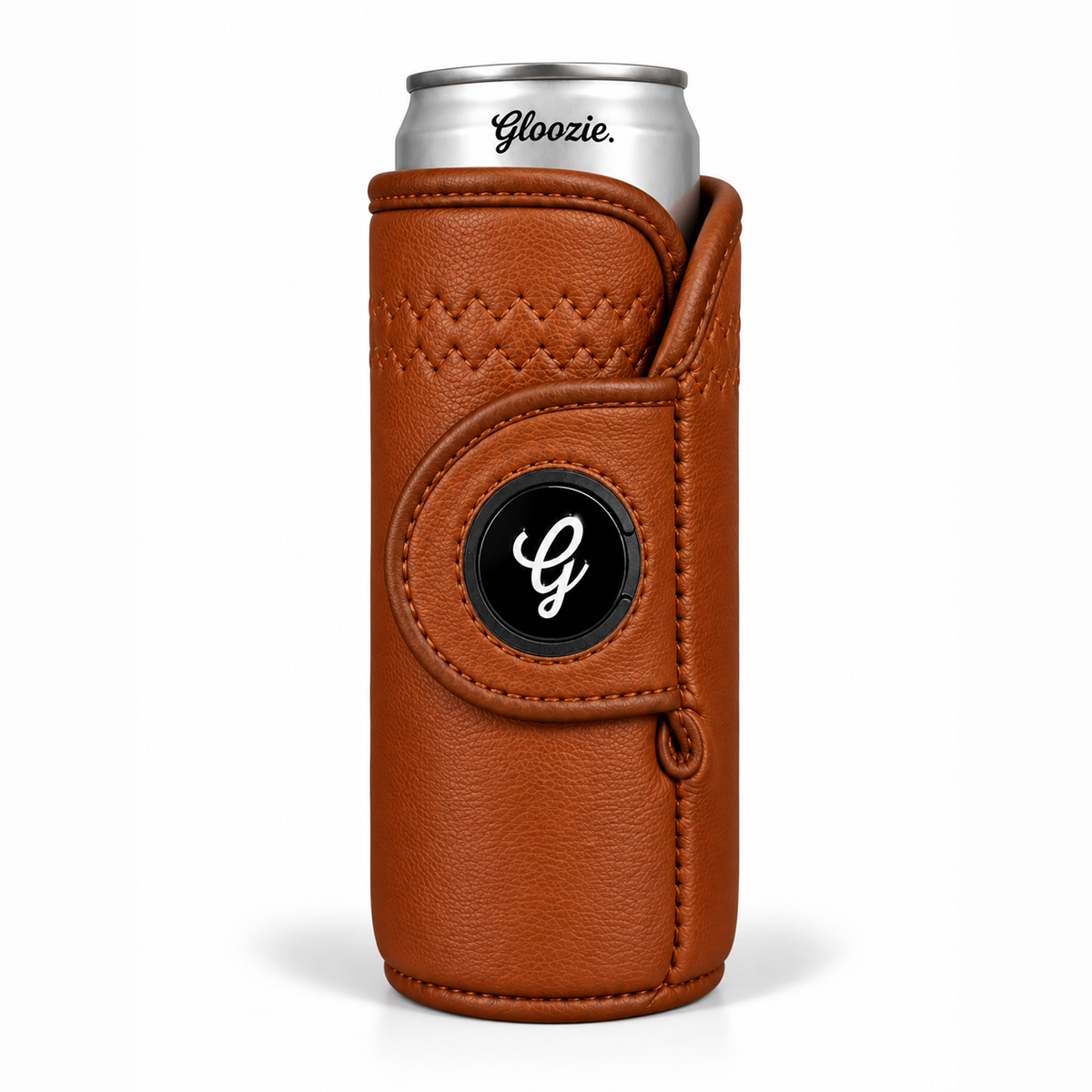 Gloozie British Tan slim brown golf can cooler with black G ball marker