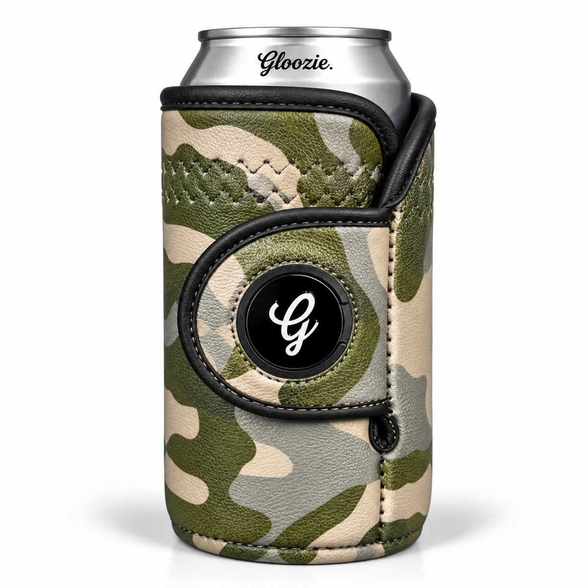 Gloozie Camo camouflage golf can cooler with black G ball marker