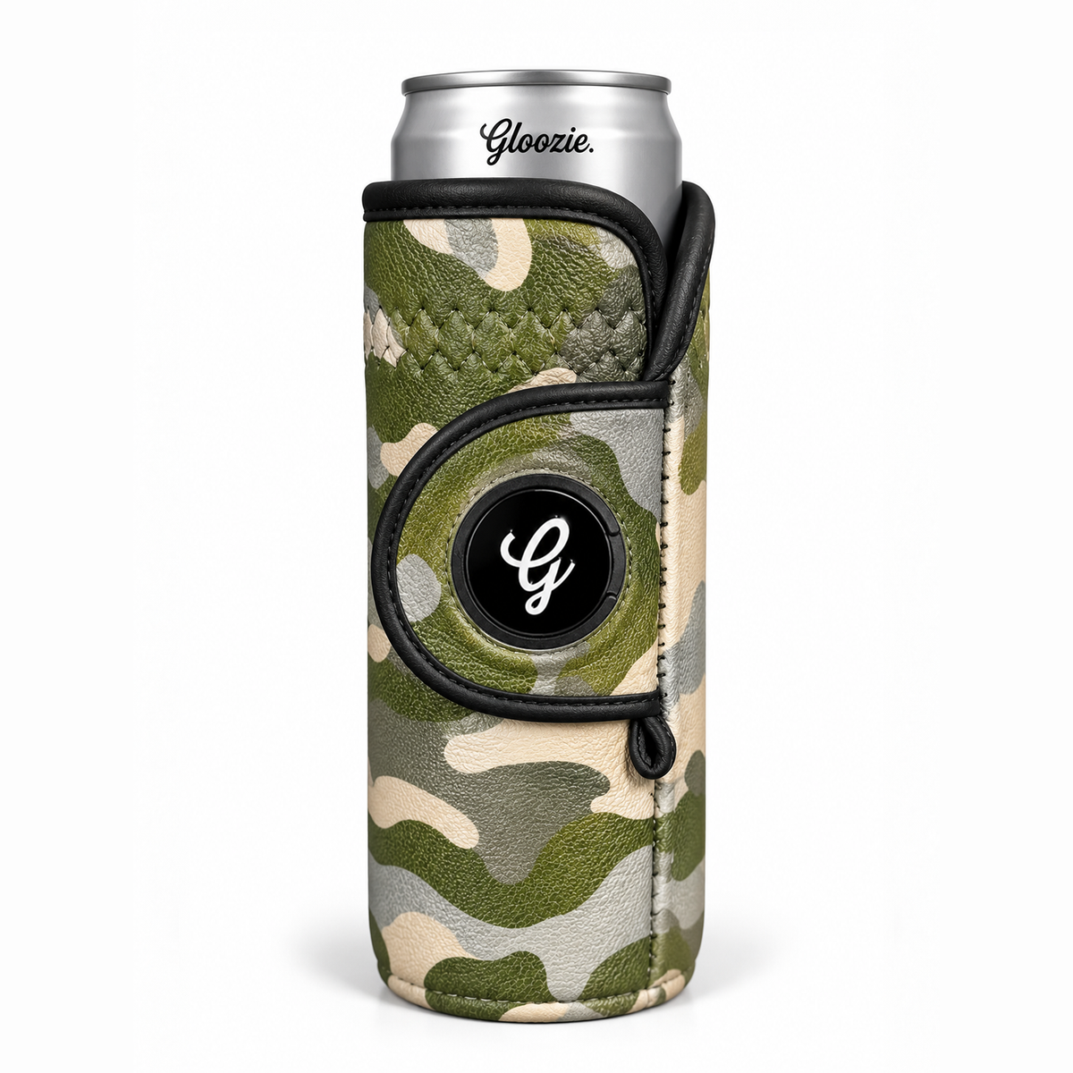 Gloozie Camo slim golf can cooler with camouflage pattern and black G ball marker