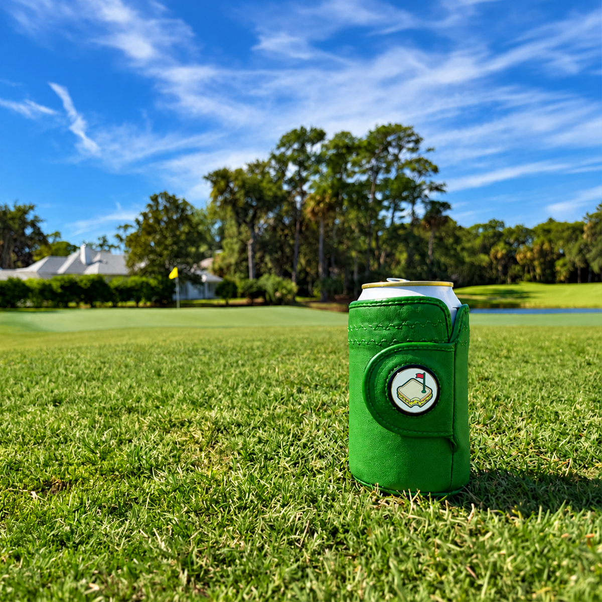 Gloozie green golf can cooler with golf ball marker on a golf course near the putting green with pimento cheese golf ball marker