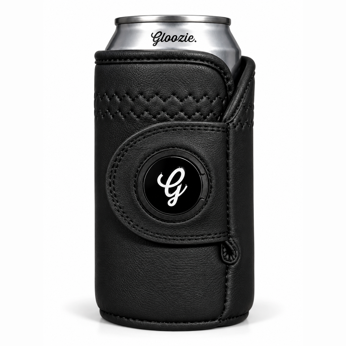 Black Gloozie golf coozie with black G ball marker on a silver can