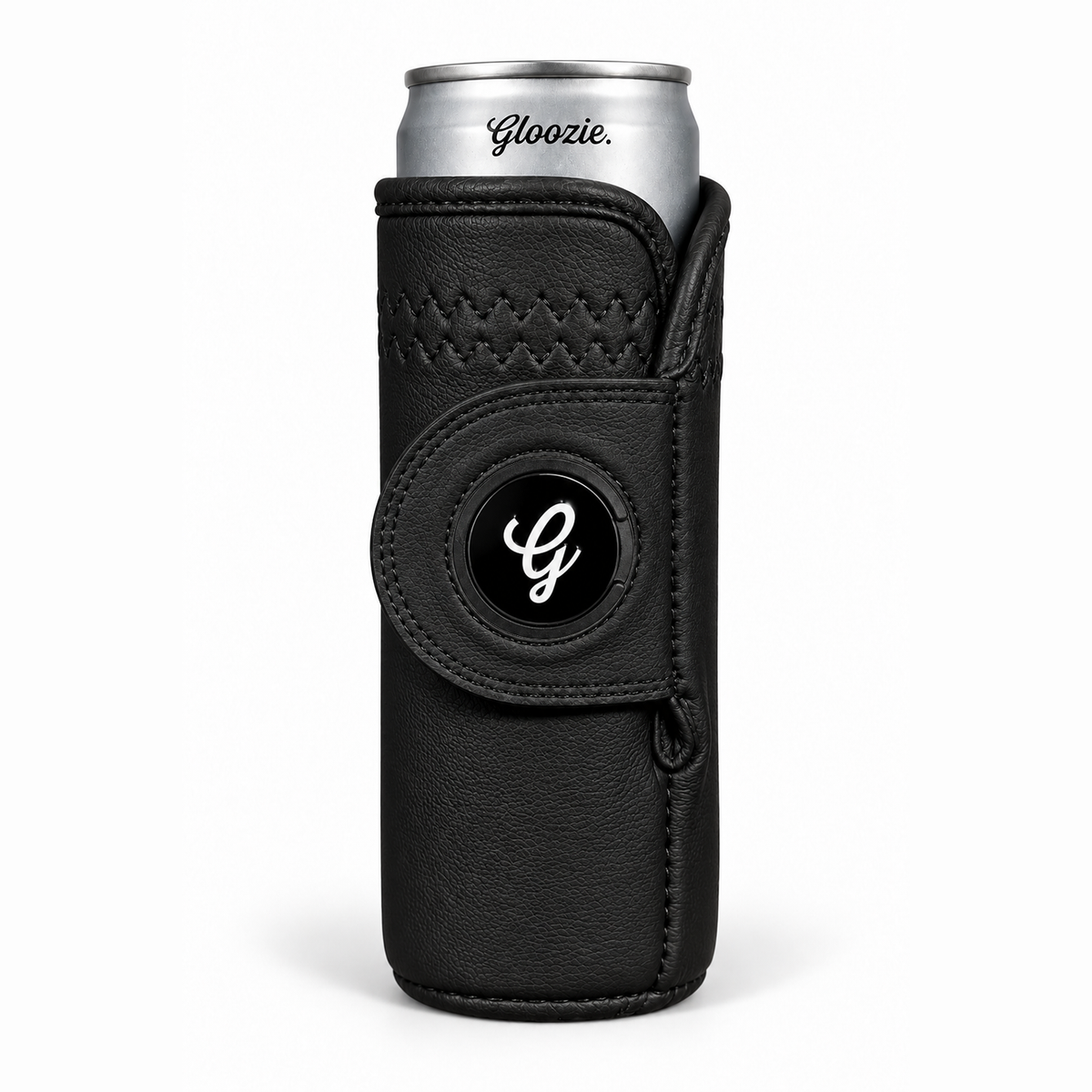 Gloozie Dark Mode black slim golf can cooler with black G ball marker
