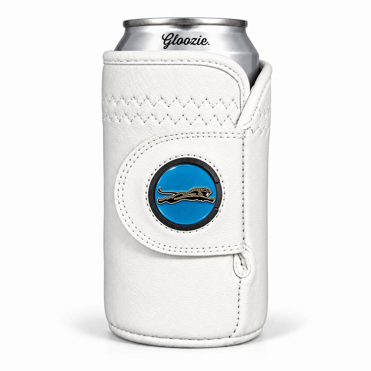 White Gloozie golf coozie with blue Jacksonville Jaguars ball marker