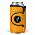 Gold Gloozie golf coozie with black G ball marker on a silver can