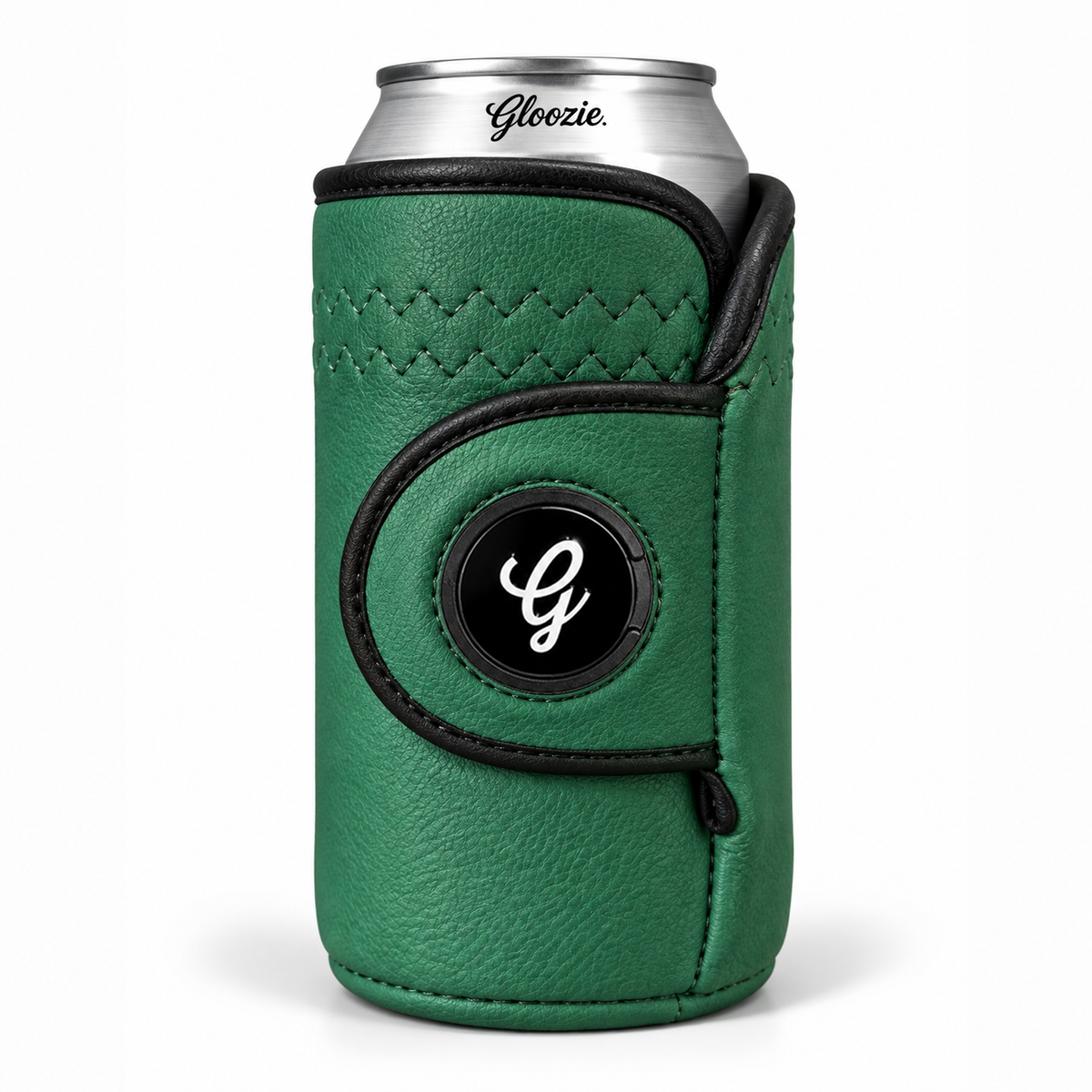 Green Gloozie golf coozie with black G ball marker on a silver can