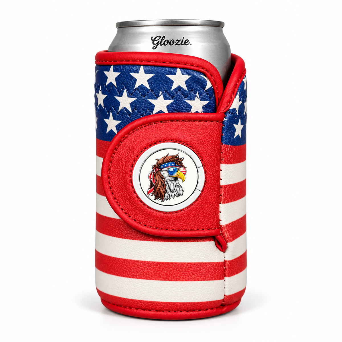 Gloozie ‘Merica American flag patriotic golf can cooler with red, white and blue design custom eagle ball marker