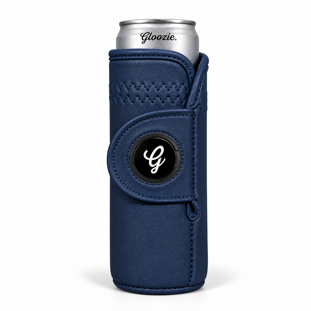 Slim navy Gloozie golf coozie with black G ball marker