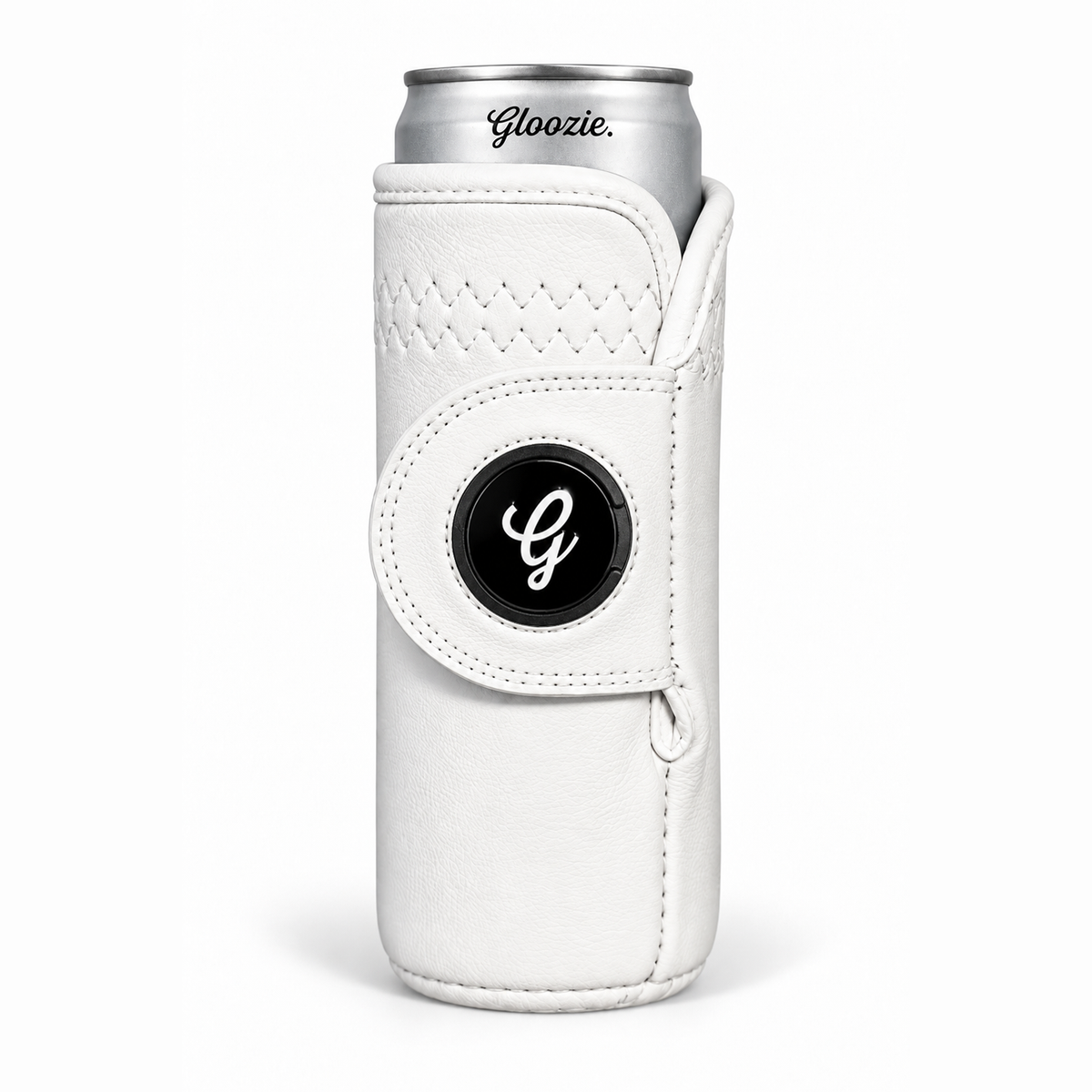 White Gloozie golf glove coozie holding a slim beverage can, featuring a glove-inspired wraparound design, stitched detailing, and signature Gloozie logo ball marker.