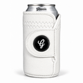 White Gloozie golf glove coozie wrapped around a standard beverage can, featuring a glove-inspired design, stitched detailing, and signature Gloozie logo ball marker.