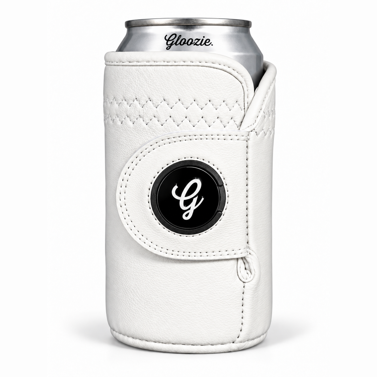 White Gloozie golf glove coozie wrapped around a standard beverage can, featuring a glove-inspired design, stitched detailing, and signature Gloozie logo ball marker.