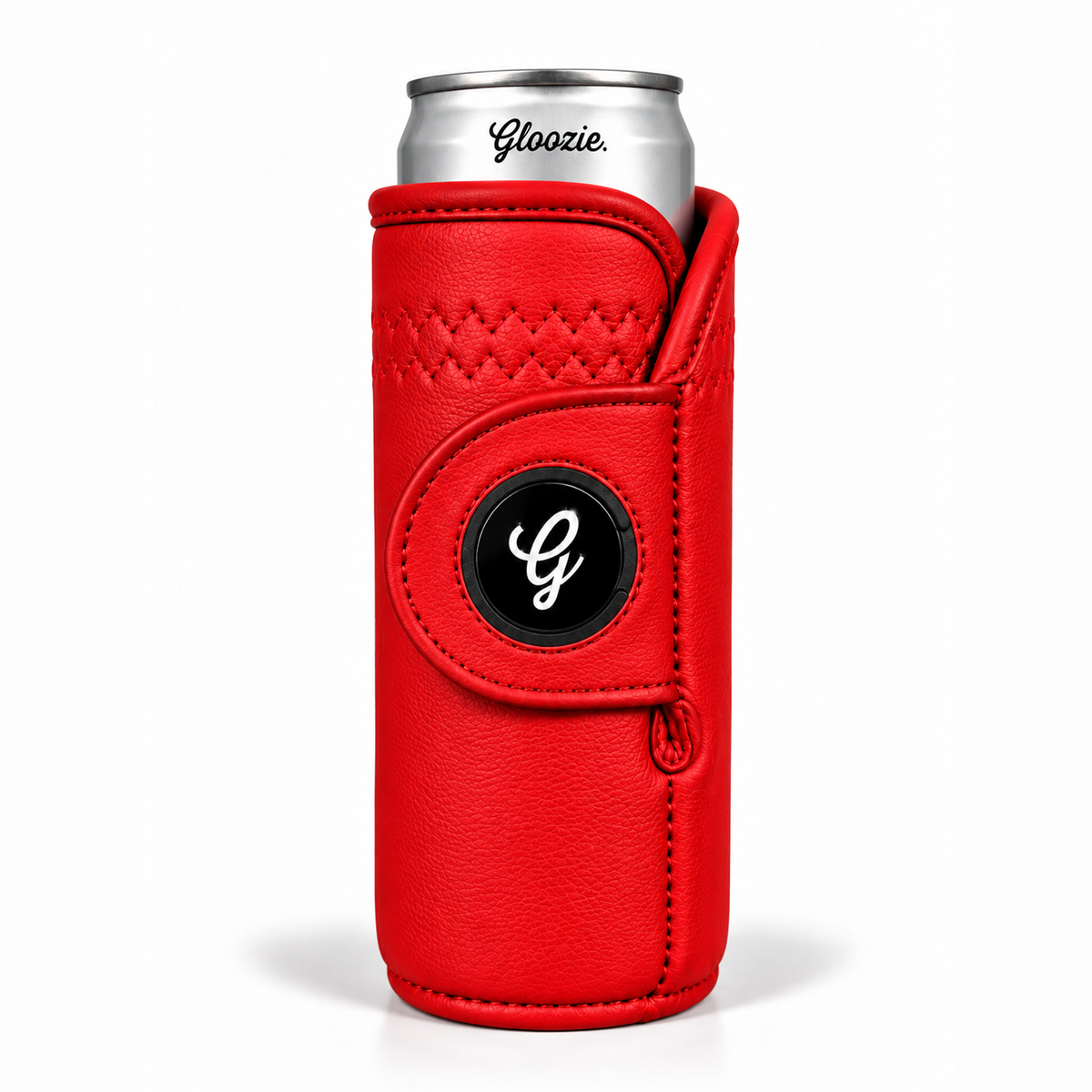 Slim Sunday red Gloozie golf coozie with black G ball marker