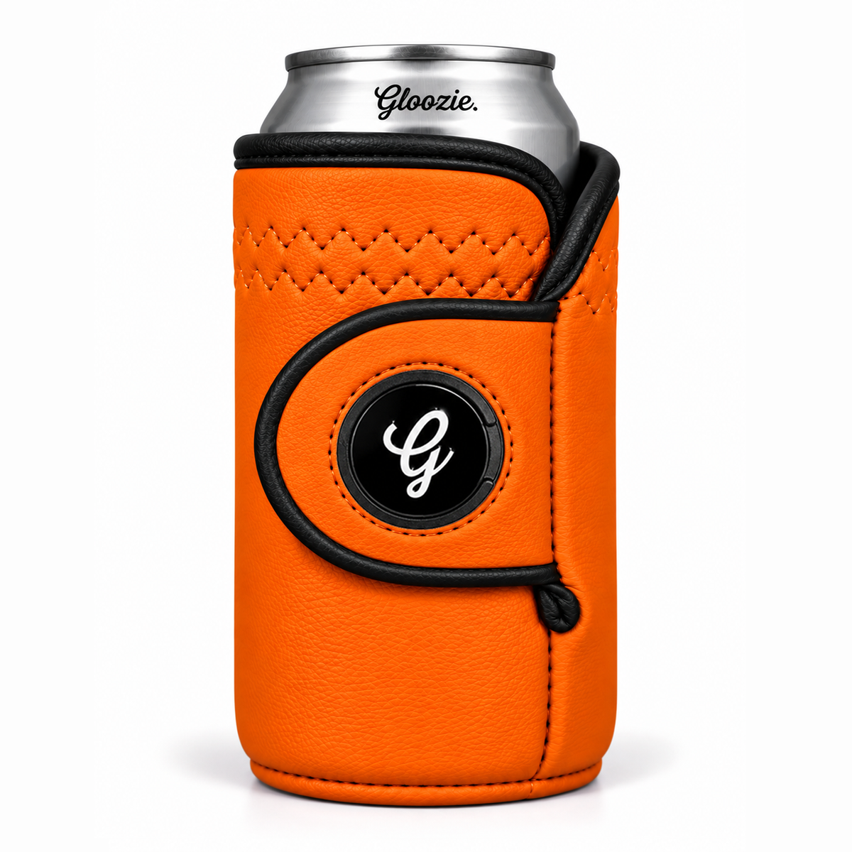 Rick Orange Gloozie golf coozie with black G ball marker