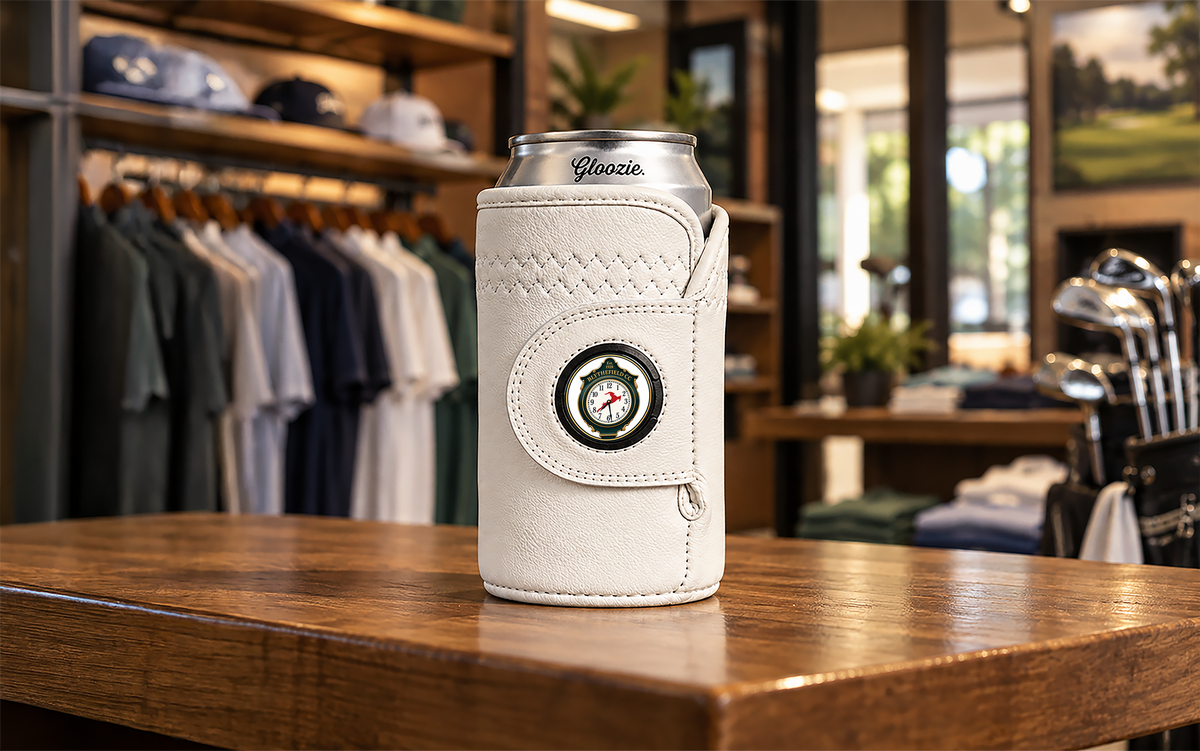 White Gloozie golf glove coozie with Blythefield country club logo golf ball marker displayed on a wooden counter in a golf apparel shop with golf clubs and clothing in the background